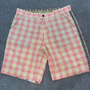 ROBERT GRAHAM Mixed Pink PLAID SHORTS w/Braid Trim & Decorative Top Stitching 34